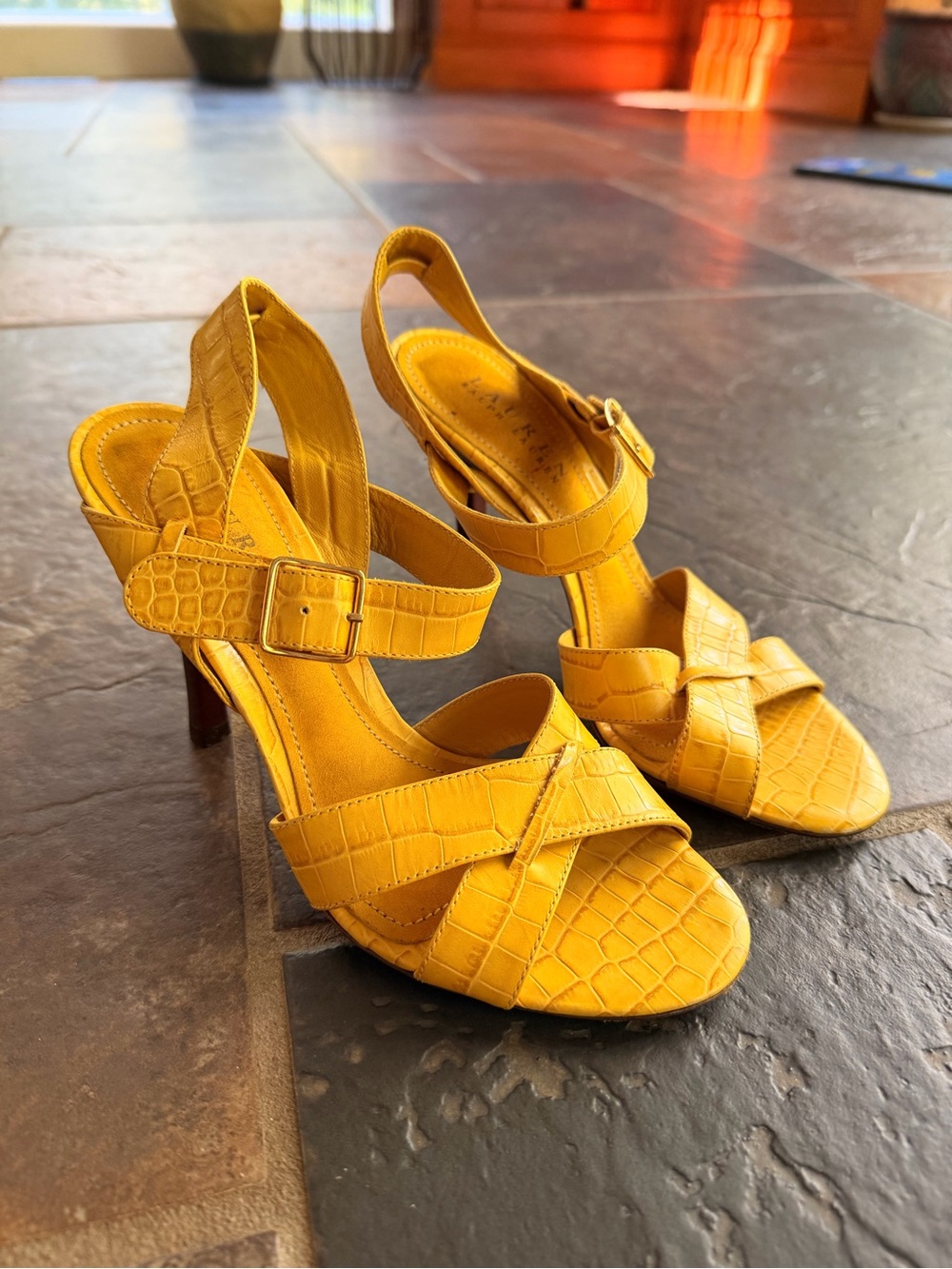 Lauren Ralph Lauren Yellow Croc Embossed Heels Sandals